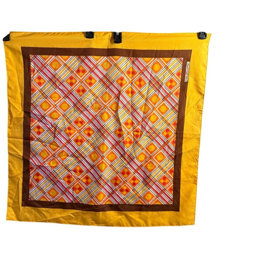 Vintage 1970s Paris Yellow Orange and Brown Geometric Plaid Polyester Scarf